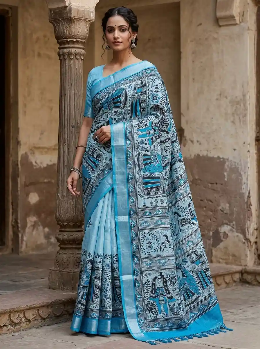 Madhubani print saree with radiant and shiny zari border urbanity and along with blouse piece