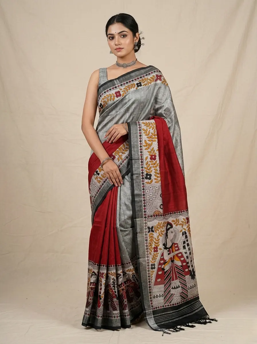 Madhubani print saree with radiant and shiny zari border urbanity and along with blouse piece