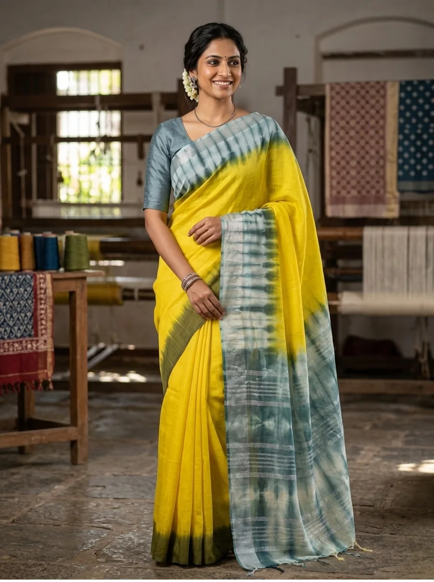 Shibori print saree with radiant and shiny zari border urbanity and along with blouse piece